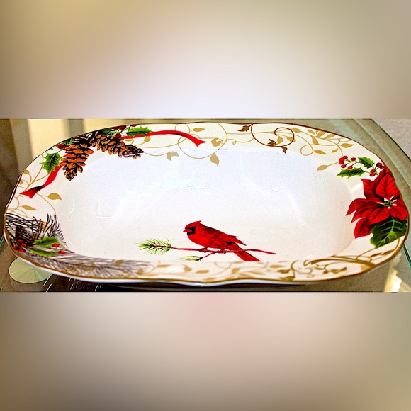 222 FIFTH HOLIDAY WISHES OVAL VEGETABLE BOWL RED CARDINEL PINE CONES NEW - Picture 2 of 4